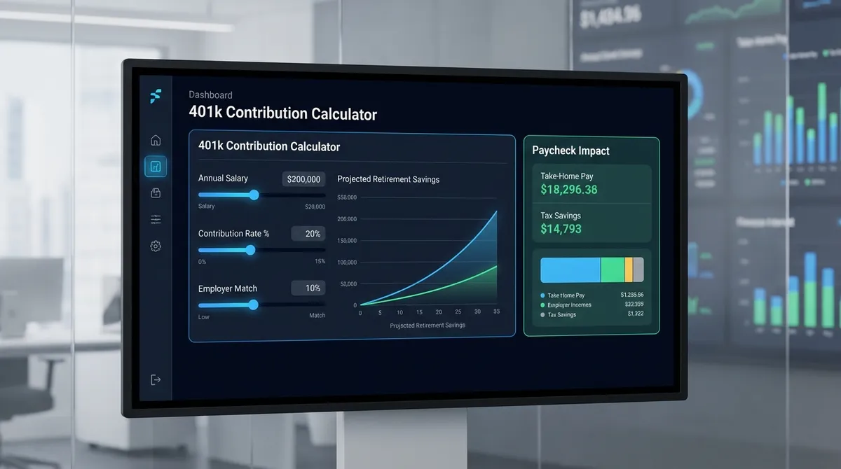 Interactive 401k contribution calculator showing growth charts, employer match calculations, and IRS limit compliance for 2025.