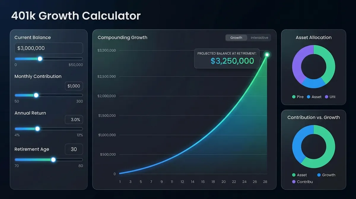 Interactive 401(k) growth calculator showing projected retirement savings with employer match, contributions, and investment returns over time