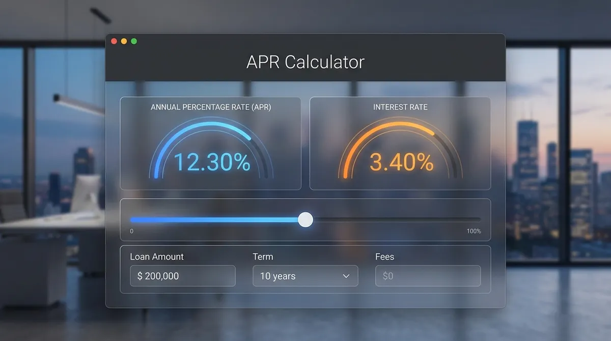 Professional APR calculator interface showing comparison between interest rate and annual percentage rate with fee breakdown.