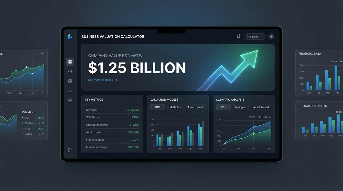 Professional business valuation interface showing SDE multiple, EBITDA multiple, DCF analysis, and weighted final valuation with industry-specific calculations
