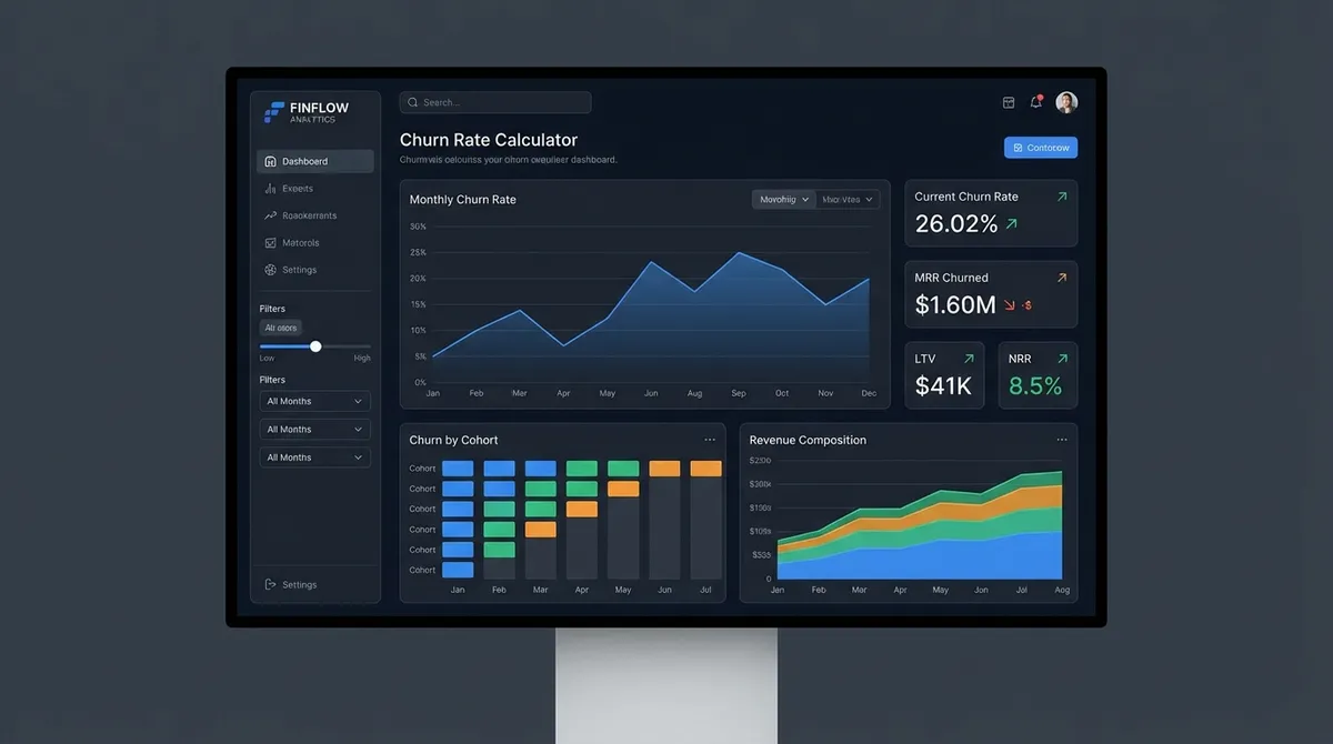 Interactive churn rate calculator showing retention curves and annualized attrition rates.