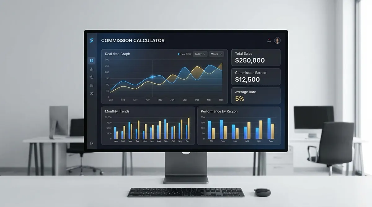 Screenshot of the sales commission calculator, showing inputs for total sales amount and commission rate, resulting in the calculated commission payout.