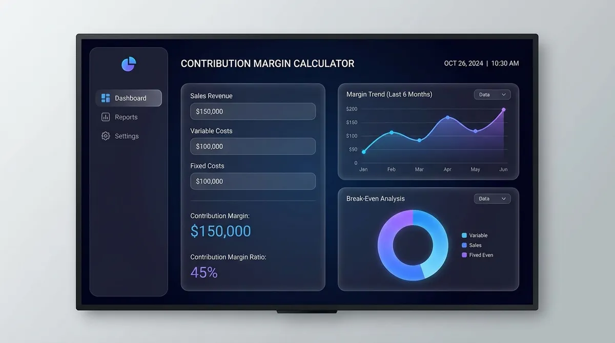 Illustration of the contribution margin calculator, showing how the CM ratio is derived by subtracting variable costs from sales revenue for a given product.