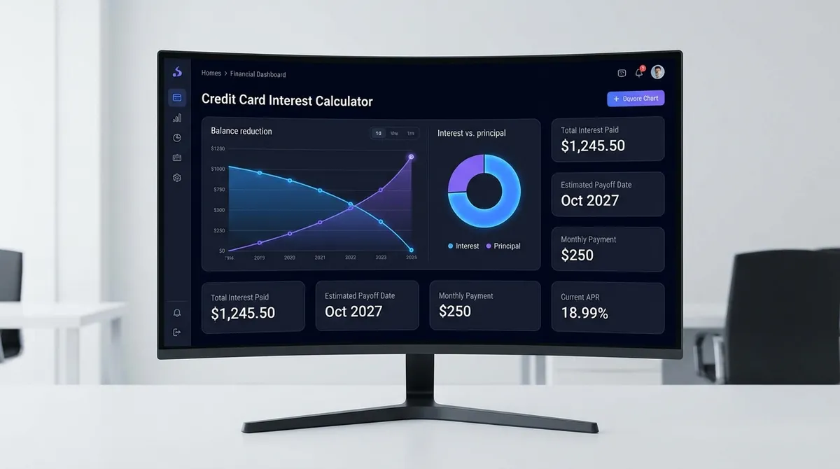 Screenshot of the credit card interest calculator showing APR and average daily balance inputs, with the calculated monthly interest and a breakdown of charges.
