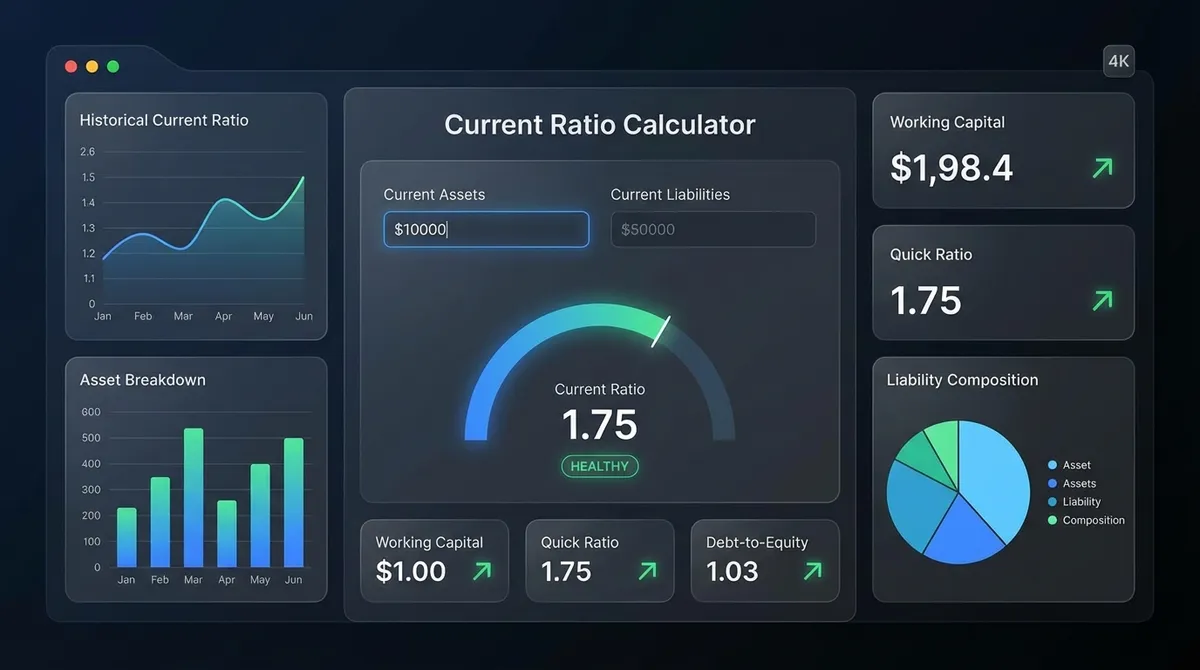 Visualization of the current ratio calculator, showing the comparison of total current assets to total current liabilities to determine the liquidity ratio.