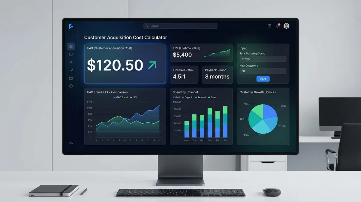 Screenshot of the customer acquisition cost calculator, showing the summation of sales and marketing expenses divided by the number of new customers acquired.