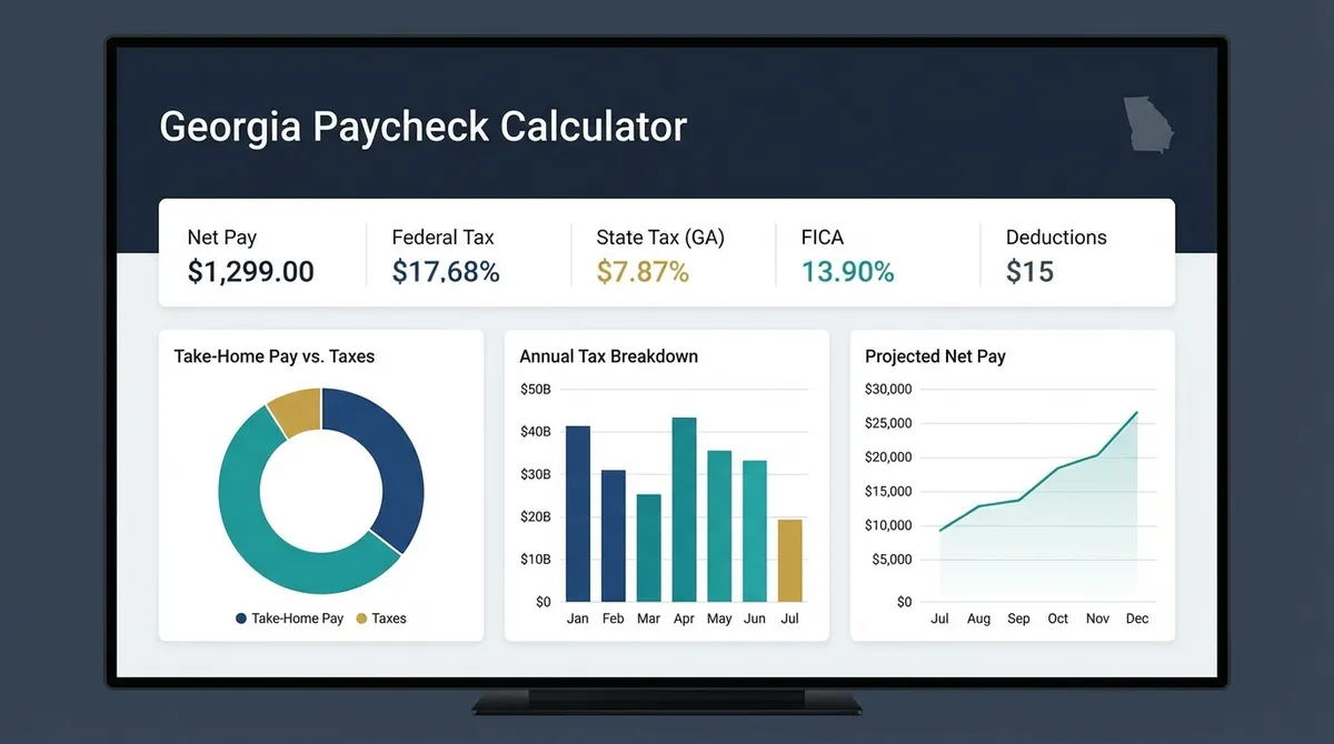 Illustration of the Georgia paycheck calculator showing gross pay and deductions for federal, FICA, and GA state taxes to determine net pay clearly now.