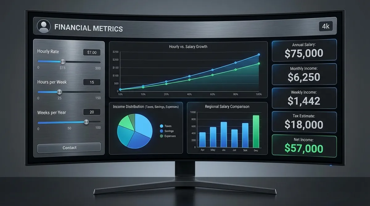 Visual guide showing the hourly to salary calculator converting an hourly wage into an equivalent annual salary based on weekly hours worked.