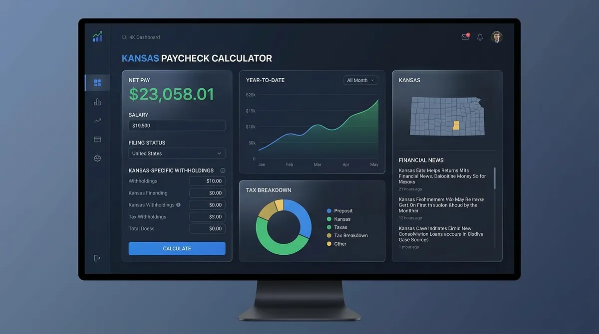 Dashboard showing Kansas paycheck breakdown with 2025 tax rates.