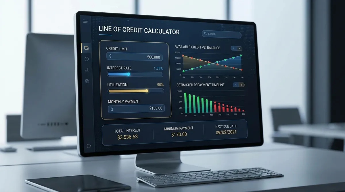 Interactive line of credit calculator showing interest accrual, payment scenarios, and credit utilization metrics for optimal borrowing decisions.
