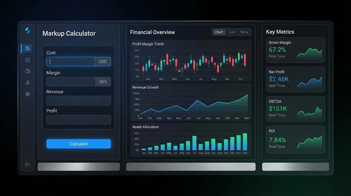 Visualization of the markup calculator showing how inputting the cost of a product and the desired markup percentage results in the final selling price.