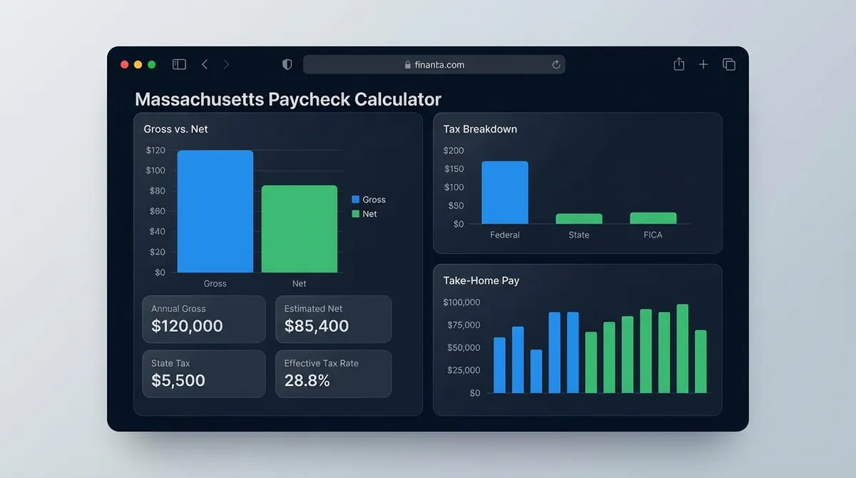 Interface of the Massachusetts paycheck calculator showing gross pay input and net pay result.
