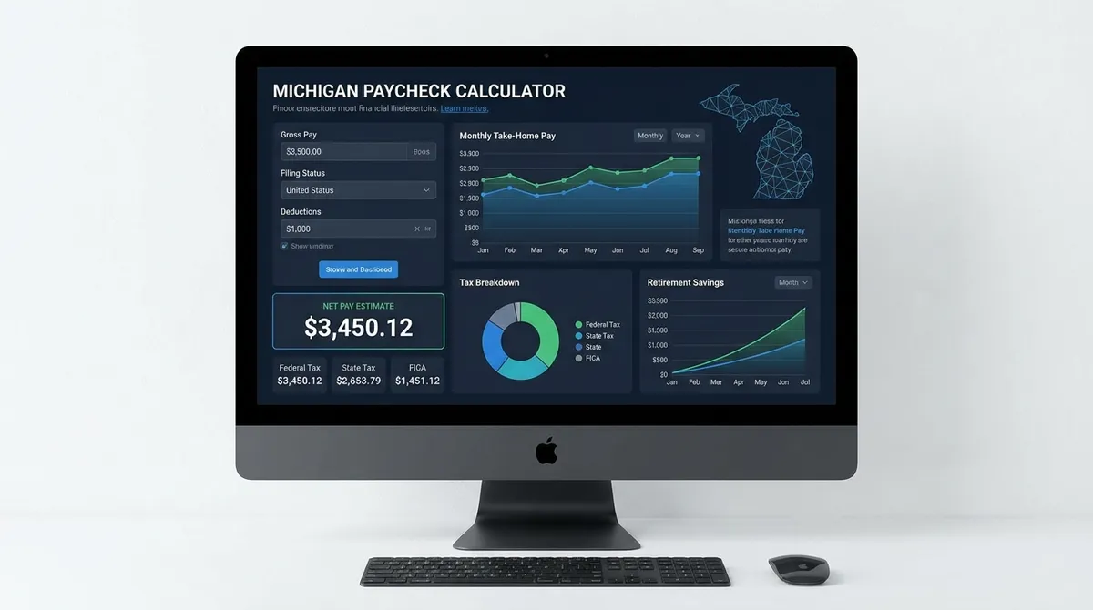 Dashboard showing Michigan net pay calculation with federal, state, and local tax breakdowns.