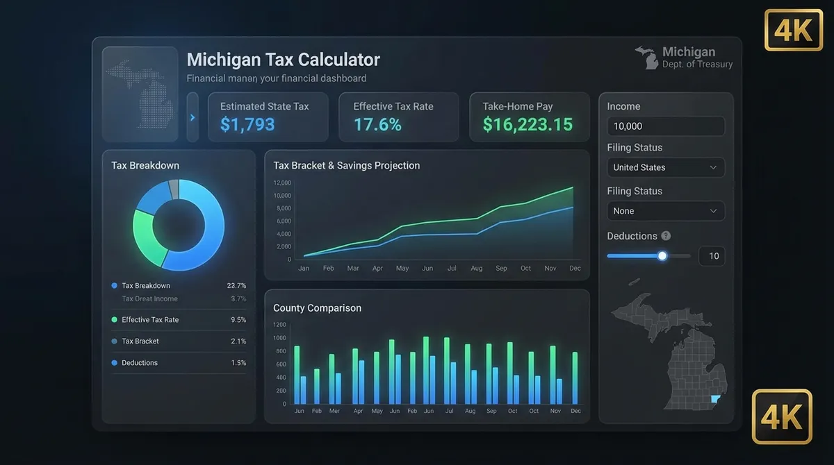 A calculator interface showing Michigan state tax and local city tax breakdowns.