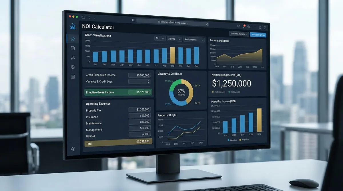 Dashboard showing Net Operating Income calculation with revenue and expense breakdown