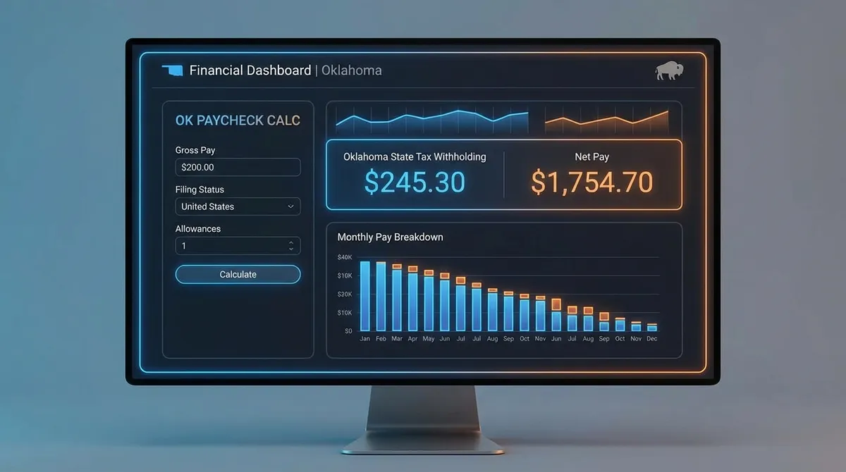 Accurate Oklahoma paycheck calculator showing federal, FICA, and Oklahoma state tax withholdings to calculate net pay with detailed breakdown.