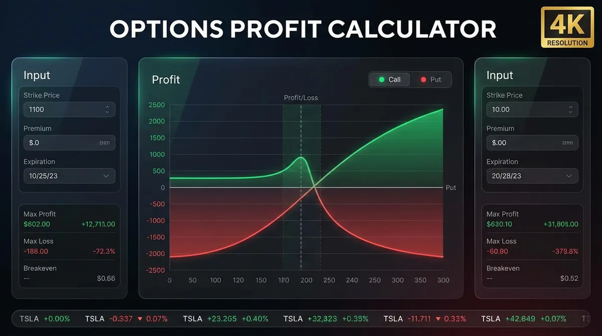 Interactive graph showing options profit and loss zones with breakeven points.