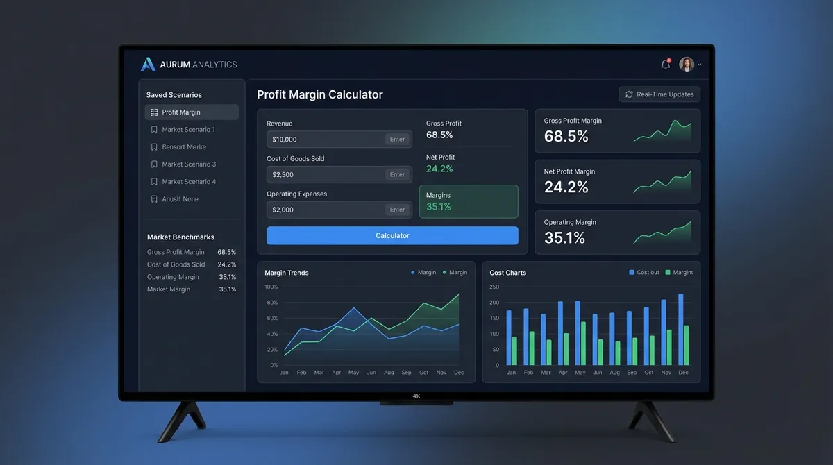 Visualization of the profit margin calculator, showing breakdown of revenue into COGS, operating expenses, and the resulting net and gross profit percentages.