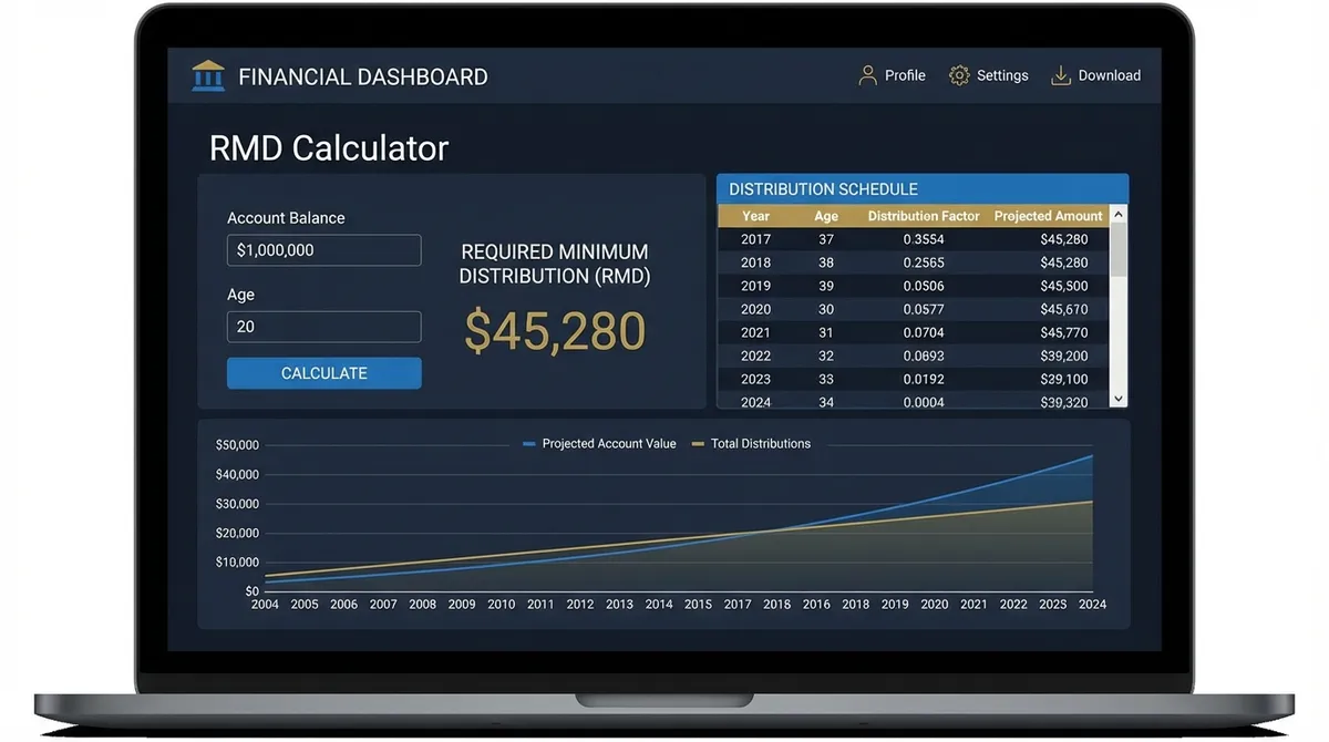 Required Minimum Distribution Calculator for 2025 showing IRS life expectancy tables and RMD calculation process