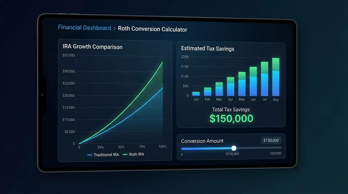 Professional Roth conversion calculator showing IRA growth comparison, tax savings visualization, and break-even analysis for optimal retirement planning in 2025.