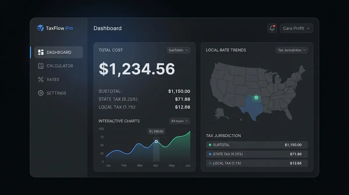 Interface of the sales tax calculator showing input fields and the cost breakdown chart.
