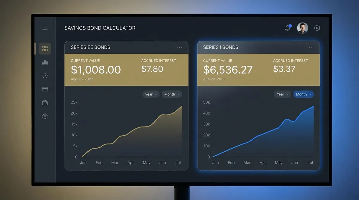 U.S. Savings Bond Calculator showing Series EE and I bond values, interest earned, and redemption timeline with current 2025 rates