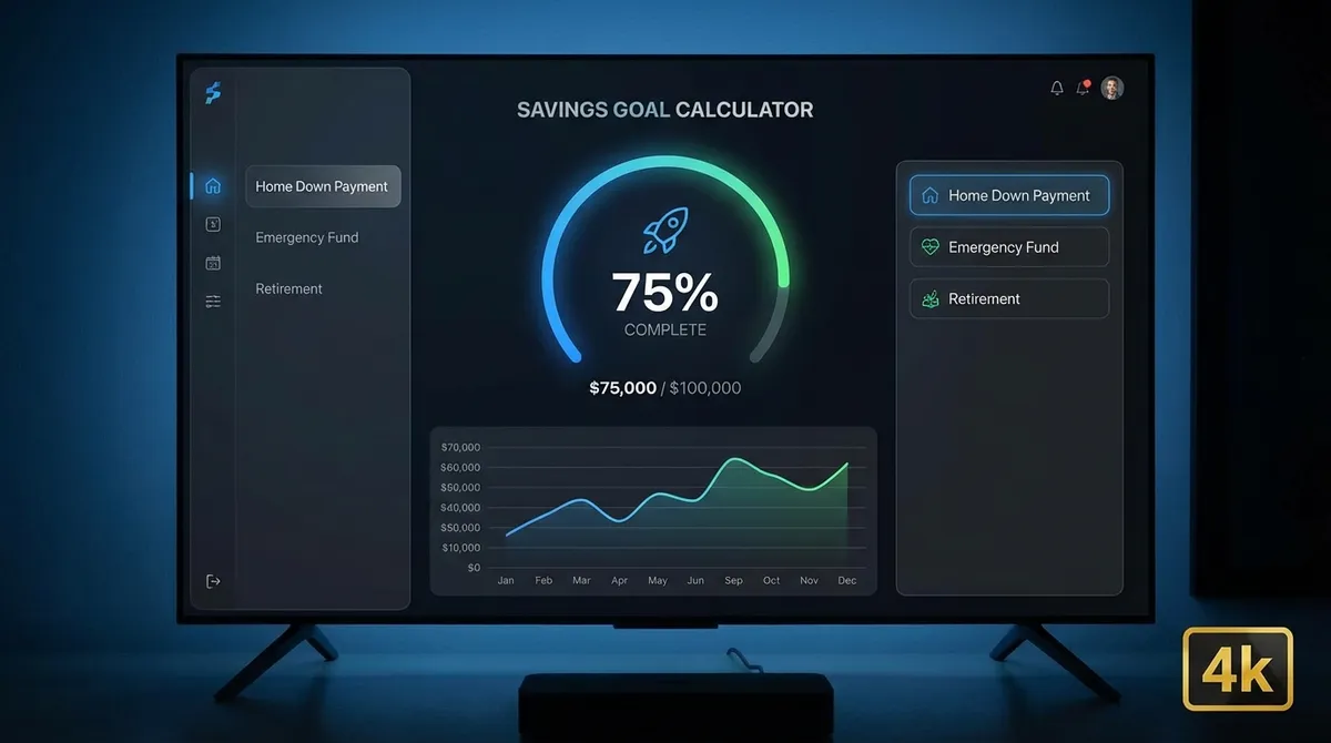 A dashboard showing a savings trajectory rising over time to meet a target goal.