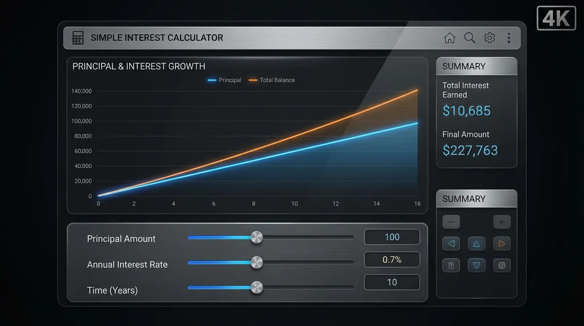 Screenshot of the simple interest calculator interface, showing the inputs for Principal, Rate, and Time, and the resulting total interest calculation.