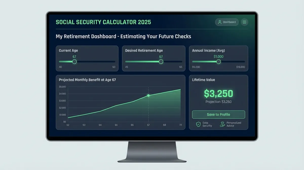 Dashboard showing 2025 Social Security benefit projections with age-based comparison charts.