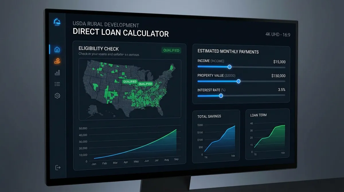 Visual guide showing USDA loan calculator inputs, guarantee fees, annual fees, and payment structure for rural housing loans